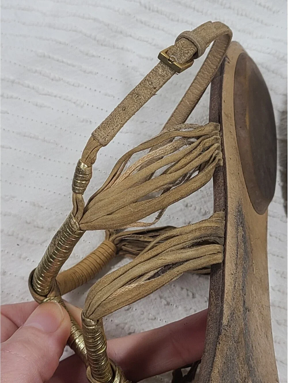 Gucci Suede Rattan Sandals Wrapped Gold Ankle Buckle 39.5 9.5 AsIs Worn